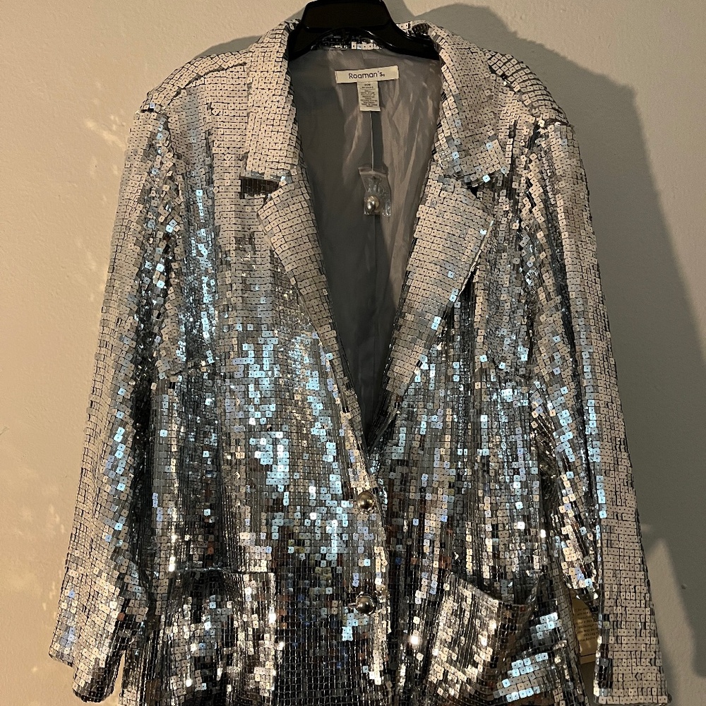 Roaman’s silver square sequins blazer